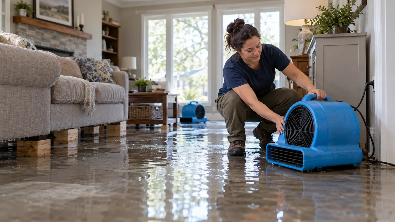 Water damage restoration technician drying a flooded living room in Flint